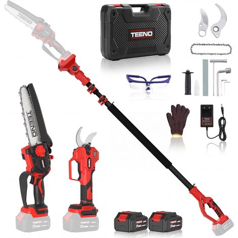 TEENO Ensemble secateur electrique sur perche et Tronçonneuse à perche télescopique, sécateur électrique 40 mm + mini tronçonneuse sans fil 6 pouces + perche télescopique 160-280 cm,2X4,0 Ah batteries (1/5)