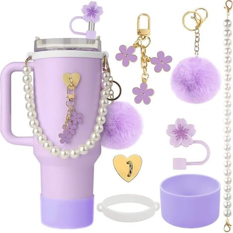 Kit d'accessoires Coupe Stanley avec chaînette à billes, paille en forme de fleur et pompon violet M