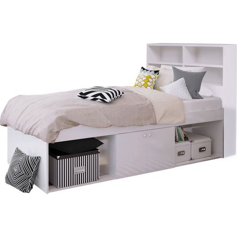 3 Feet Low Cabin Bed with Bookcase Headboard - L214 x W96 x H100 cm - White - Assembly Required
