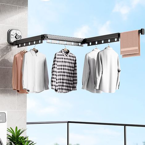 Séchoir à linge, rétractable, support à vêtements mural avec ventouse, escamotable pliable, tringle à vêtements avec crochets et porte-serviettes (1/5)