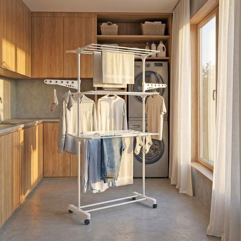 Le Quai Des Affaires – Étendoir à linge suspendu 3 niveaux modulables – Structure métal laqué blanc – Longueur séchage 16m – Dimensions 79x58x165 cm