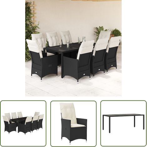 The Living Store 9-tlg. Garten-Essgruppe mit Kissen Schwarz Poly Rattan - Gartensets - Gartenmöbel - Esstisch - Lounge Set - Outdoor Möbel (1/5)