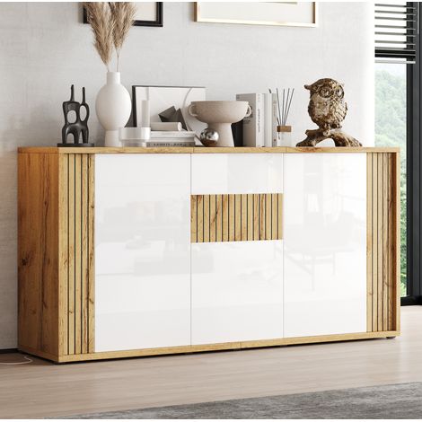Buffet 3 portes 140 x 35 x 71 cm en MDF et panneaux de particules blanc et bois naturel (1/5)