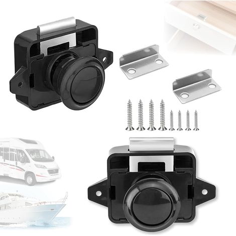 Lot de 2 serrures pour camping-car, push-lock, bouton pression en métal sans clé, bouton poussoir en alliage d'aluminium, armoire, noir (1/5)