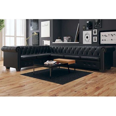 vidaXL Canapé d'angle Chesterfield 6 places Cuir synthétique Noir (1/5)