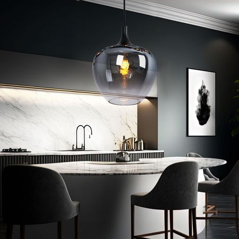 Pendelleuchte Esszimmerlampe Hängeleuchte, Modern, Bauchige Pendellampe, Metall Rauchglas, schwarz, 1x E27 Fassung, DxH 29x120 cm