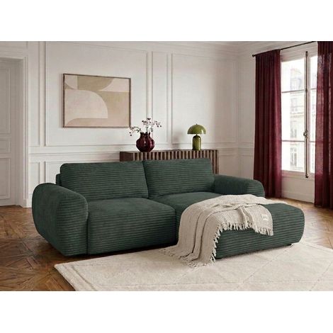 BOBOCHIC - Canapé d'angle compact convertible coffre LUCIEN gros côtelé doux Angle droit Vert (1/5)
