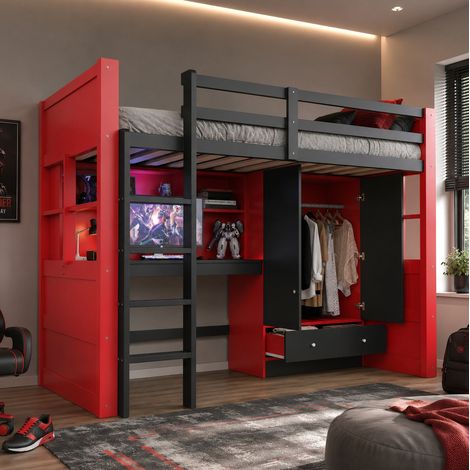 Letto a soppalco 90x200 cm nero e rosso in legno con scrivania, armadio, cassetti, LED e prese (1/5)