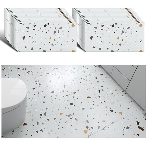 Terrazzo White Floor Covering PVC Tile Adhesive Floor Bathroom 24 Pieces Kitchen Stickers Tiles Bedroom Toilet PVC Garage 1.5 mm 60 cm x 30 cm (1/5)