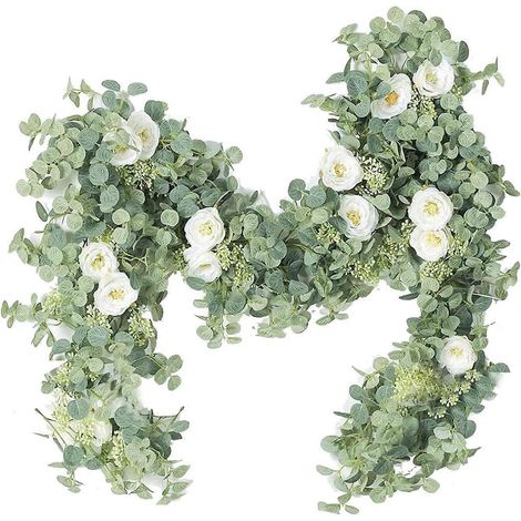 Couronne d'eucalyptus artificiel avec roses champagne et feuilles d'eucalyptus - Décoration murale (1/5)