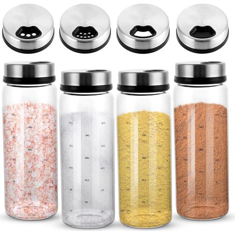 4 Pièces Pot Epices Verre 300ml, Bocaux à Épices Borosilicaté, Pot pour Epice Cuisine Vide Avec Couvercle Rotatifs, pour lespour cuisine, barbecue en plein air (1/5)