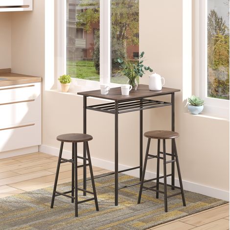 Set de mesa alta de bar 3 piezas con 2 taburetes, estante, metal y MDF, negro HAVRYA (1/5)