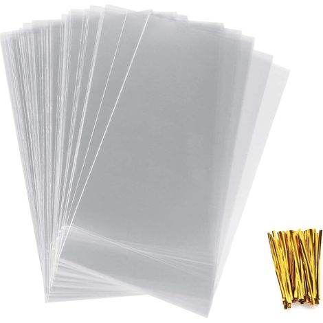 100 Stück Klare Geschenktüten (180x300mm) aus OPP für Kekse, Gebäck & Süßigkeiten, inkl. 100 Bindebänder.