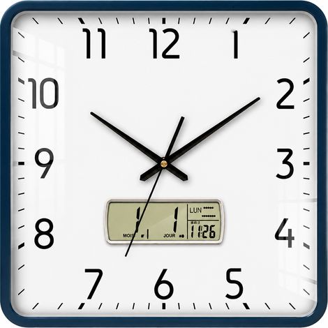 Horloge Murale Carrée, horloge radio-pilotée 35 cm fond blanc cadre bleu avec écran LCD 38 × 38 × 8 cm 1,35 kg – Livraison gratuite
