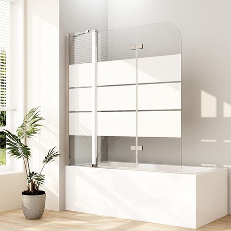 Duschwand für Badewanne 140x140 cm Badewannenaufsatz 3-teilig Duschtrennwand für Badewanne Duschwand Badewanne Faltwand Duschabtrennung Badewanne, 6mm ESG Glas mit Milchglas Streifen