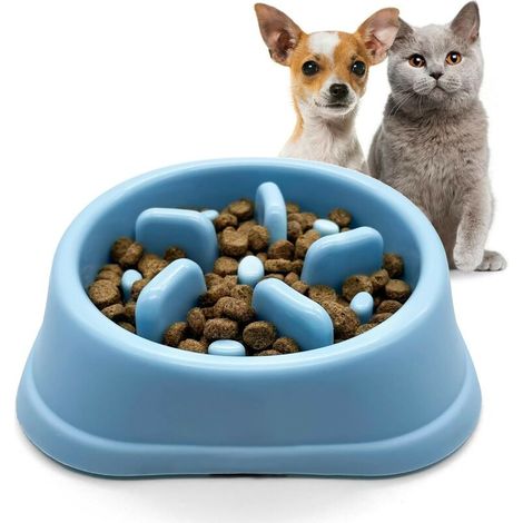 Gamelle Anti Glouton Chat & Petit Chien  Animaux de Petite Taille, Alimentation Lente et Saine, Favorise la Digestion de l'animal, Anti Vomissements, Design avec Pieds Antidérapants (Petit, Bleu)