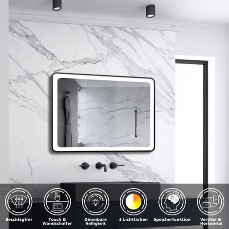LED Spiegel Schwarzer Rahmen Badspiegel mit Warm/Neutral/Kaltweiß Dimmbar Speicherfunktion Touch/Wandschalter Beschlagfrei Wandspiegel Design mit abgerundeten Ecken 70X50cm (1/5)