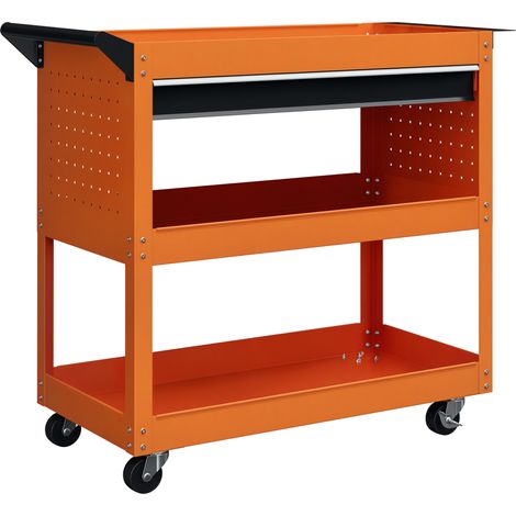 Chariot porte-outils industriel en acier solide avec poignée latérale ergonomique, tiroir de rangement et 3 étagères modulables, dimensions 82x35x76 cm, couleur orange vive