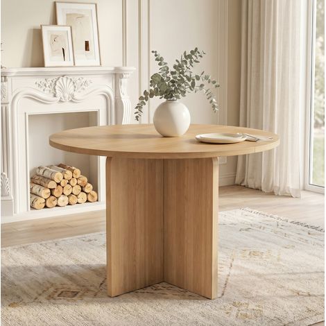 Table à manger ronde 120 cm en MDF, style scandinave, finition chêne, pour 4 à 6 personnes (1/5)