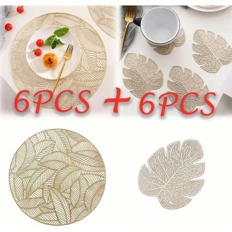 Ensemble de sets de table et sous-verres isolants creux : 6 sets de table ronds et 6 sous-verres en forme de feuille, couleur or. (1/5)