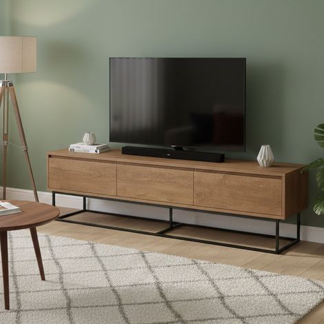Dmora - Mueble de televisión Eos, Aparador de salón, Mueble bajo para TV, Base de pared equipada, 180x40h50 cm, Nogal y Negro, con embalaje reforzado (1/5)