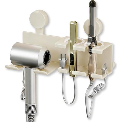 Support Sèche-Cheveux Mural sans Perçage en Aluminium, Porte Sèche Cheveux avec Fixation Ventouse, avec Range-câble et Emplacements pour Lisseur et Fer à Friser, pour Salle de Bain Chambre (1/5)