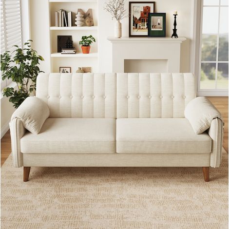 Sofá de 2 plazas de chenilla beige con cojines de reposabrazos y bolsillos laterales HAVRYA (1/5)