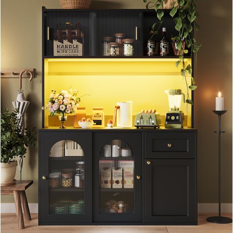 Anrichte MDF/PB Schwarz 120 x 35 x 167 cm mit Glasschiebetüren, Schubladen, verstellbaren Einlegeböden und LED (1/5)