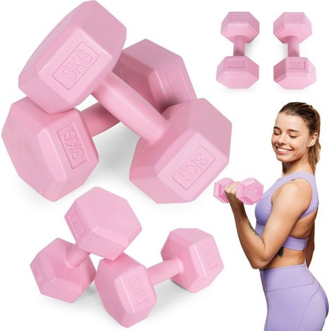 Hex dumbbells set 2x3 kg, exercise weights, fitness load, pink, ModernHome (1/5)