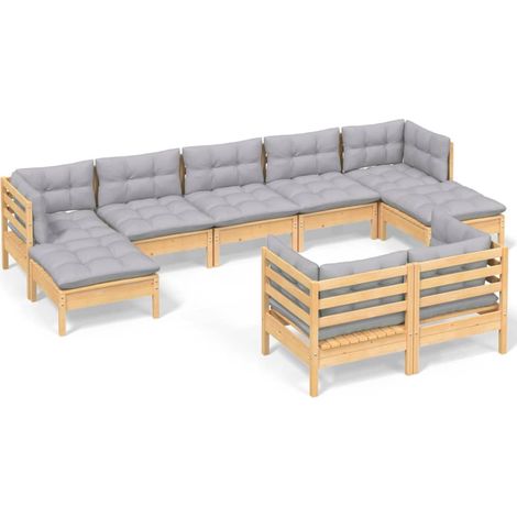 Maison Exclusive - Set Divani da Giardino 9 pz con Cuscini Grigi Massello di Pino (1/5)
