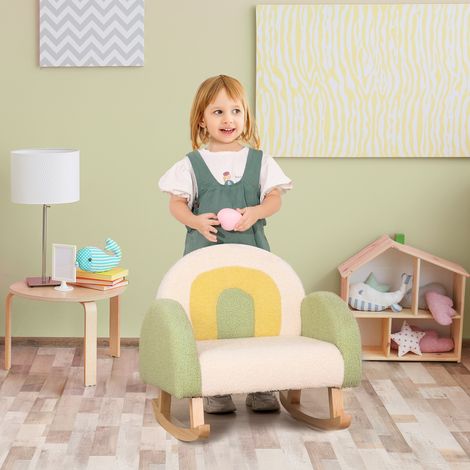 Chaise à bascule pour tout‑petit design mignon, imitation peau de mouton, bois d’eucalyptus vert‑jaune‑beige (1/5)
