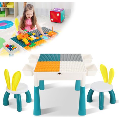 SWANEW Tavolo per bambini con 2 sedie, 251 pezzi di blocchi da costruzione Set da tavolo multifunzionale bifacciale