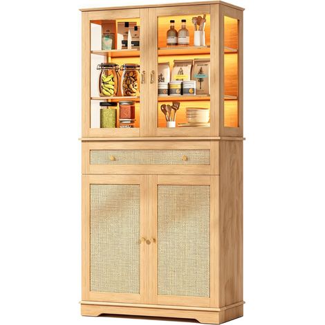 Armoire de cuisine,avec 5 niveaux,1 tiroir,bois et verre,conception anti-basculement,180x75x40cm,pour cuisine,salle à manger,naturel