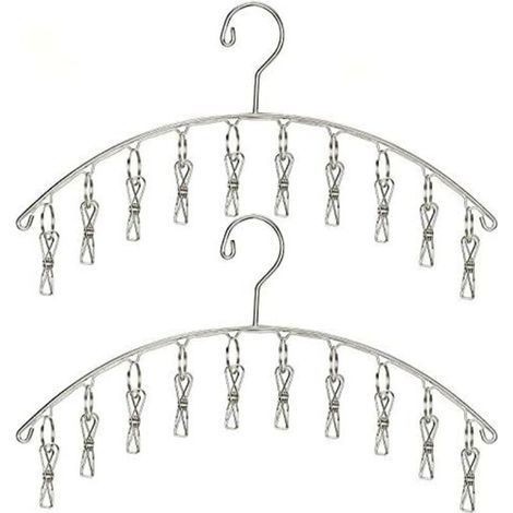 Cintre avec 10 pinces, en acier inoxydable, coupe-vent, pour sécher les chaussettes, soutiens-gorge, sous-vêtements, vêtements de bébé, chapeaux, écharpes, serviettes, pantalons et gants, lot de 2