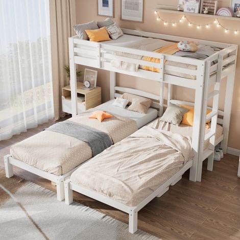 Letto a castello triplo - 90x200 cm (208x207x162,5 cm) - Legno massello di pino - 3 posti letto con scaletta laterale - Bianco