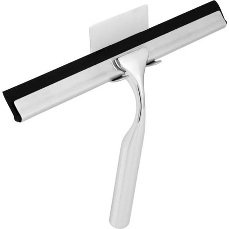 Raclette de douche en acier inoxydable, argentée, 25,817,3 cm, 1 pièce avec crochet adhésif et caoutchouc de rechange. (1/5)