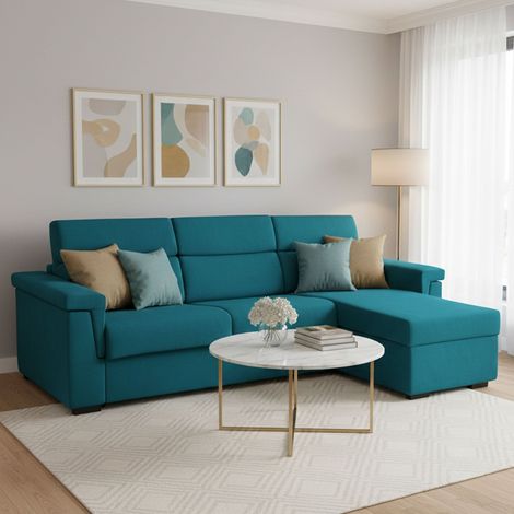 Sofá cama con chaise-longue Ganzaria, desenfundable, almacenamiento, hecho en Italia, hidrófugo, multiposición, 285x160 cm azul (1/5)