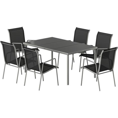 Outsunny Set Giardino 7 Pezzi, 6 Sedie Impilabili, Argento Nero