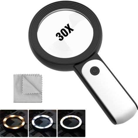 Lente d'ingrandimento portatile 30X con luce – 18 LED – 3 modalità – per anziani, bambini, lettura, monete, gioielli e ispezione – Nera (1/4)