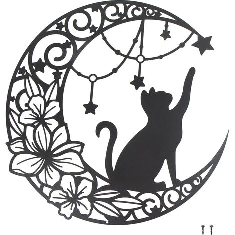 CCYKXAArt Mural Noir en Métal,Chat qui choisit des étoiles sur la lune Décoration Murale Ronde Silhouette Art,pour Cadeau intérieures et extérieures 30x30cm (1/5)