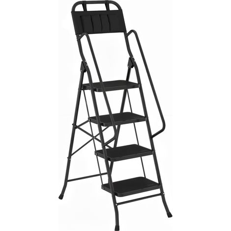 Escalera plegable de 4 peldaños con bolsa de herramientas, escalera de tijera con peldaños anchos antideslizantes, color negro