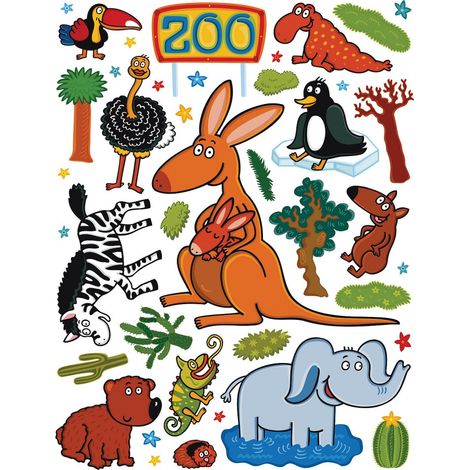Sticker Kangourou, zèbre, éléphant et autre animaux - 1 planche 65 x 85 cm (1/5)