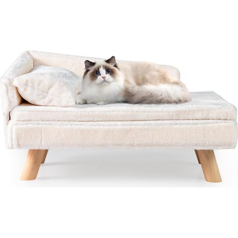 COSTWAY Canapé Lit pour Chien Chat Charge 30 kg, Oreiller et Coussin Amovibles, 4 Pieds en Bois, Panier pour Chien Chat Moyens & Petits, Dossier Haut, 71 x 43 x 40 cm, Beige (1/5)