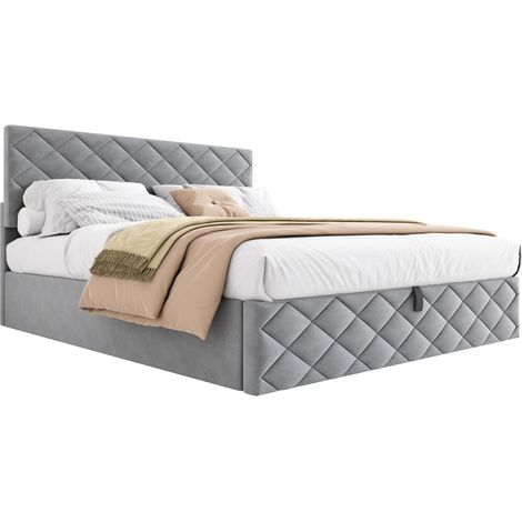 Lit coffre 140 x 200 rembourré en velours gris, sommier à lattes, ouverture hydraulique et grand rangement intégré pour une chambre élégante  CHICFURN (1/5)