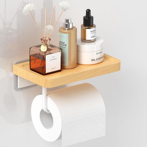 Porte Papier Toilette,Support Papier Toilette en Hêtre,20cm Porte Papier Toilette Mural en Bois Massif De Style Européen Raffiné,Porte Rouleau Papier Toilette Autocollant (1/5)