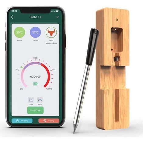 1 sonda di temperatura da cucina Bluetooth da 50 m, termometro wireless per carne con timer e funzione allarme, connessione per friggitrici ad aria, barbecue, forno, affumicatore - Crezuo