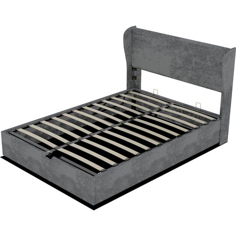 Lit rembourré moderne et minimaliste avec tête de lit douce et confortable, 160x200 cm, gris, meuble de chambre multifonctionnel, base de rangement haute avec mécanisme à vérin à gaz, matelas non incl (1/5)