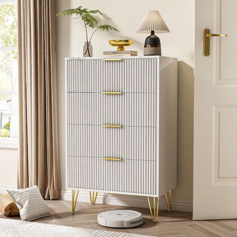 Kommode 4 Schubladen Wumagin, 95x60x34 cm, mit 4 Füßen & Metallgriffen, Massivholz Design, für Wohnzimmer & Schlafzimmer, Weiß (1/5)