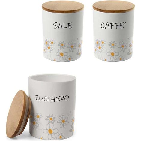 TRIS TONDO DAISY SALE. ZUCCHERO E CAFFÈ IN CERAMICA CON TAPPO IN LEGNO 10X13 CM