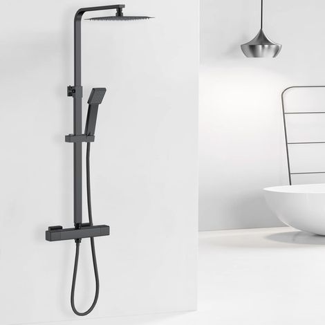 Acezanble Thermostatic Mixer Shower Set Square Black Chrome Finish Twin Head Exposed Valve